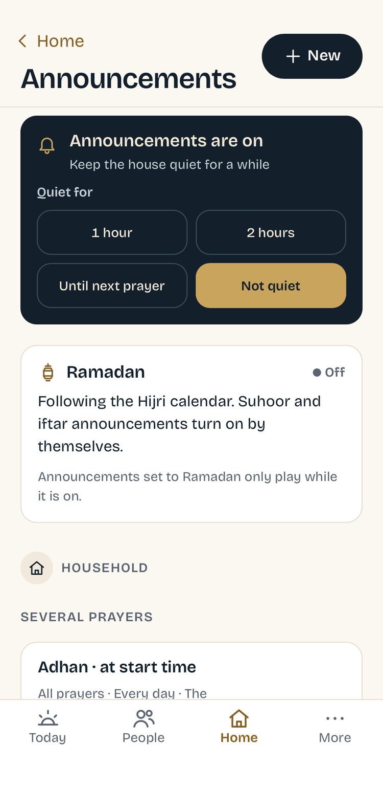 The Muezzin app’s Announcements screen, with a Quiet for card and Ramadan announcements that switch on by themselves.