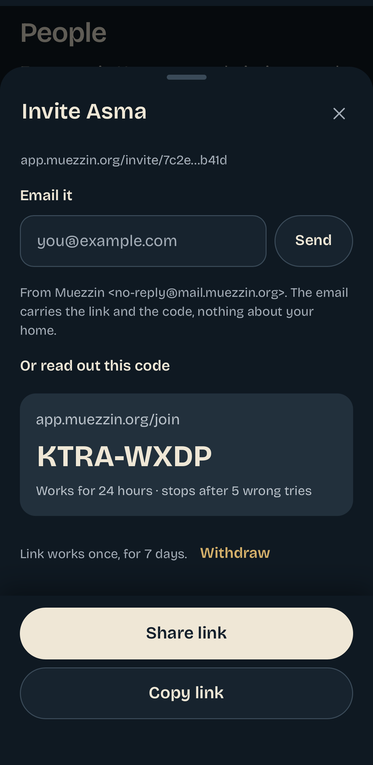 Muezzin app — Invite by code