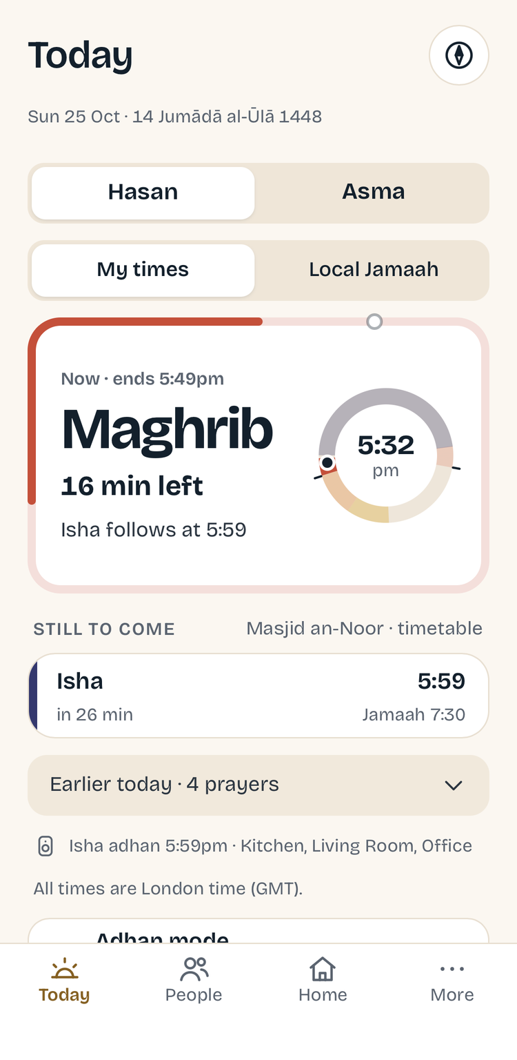 The Muezzin app’s Today screen: Maghrib now, 16 minutes left, Isha still to come at Masjid an-Noor.