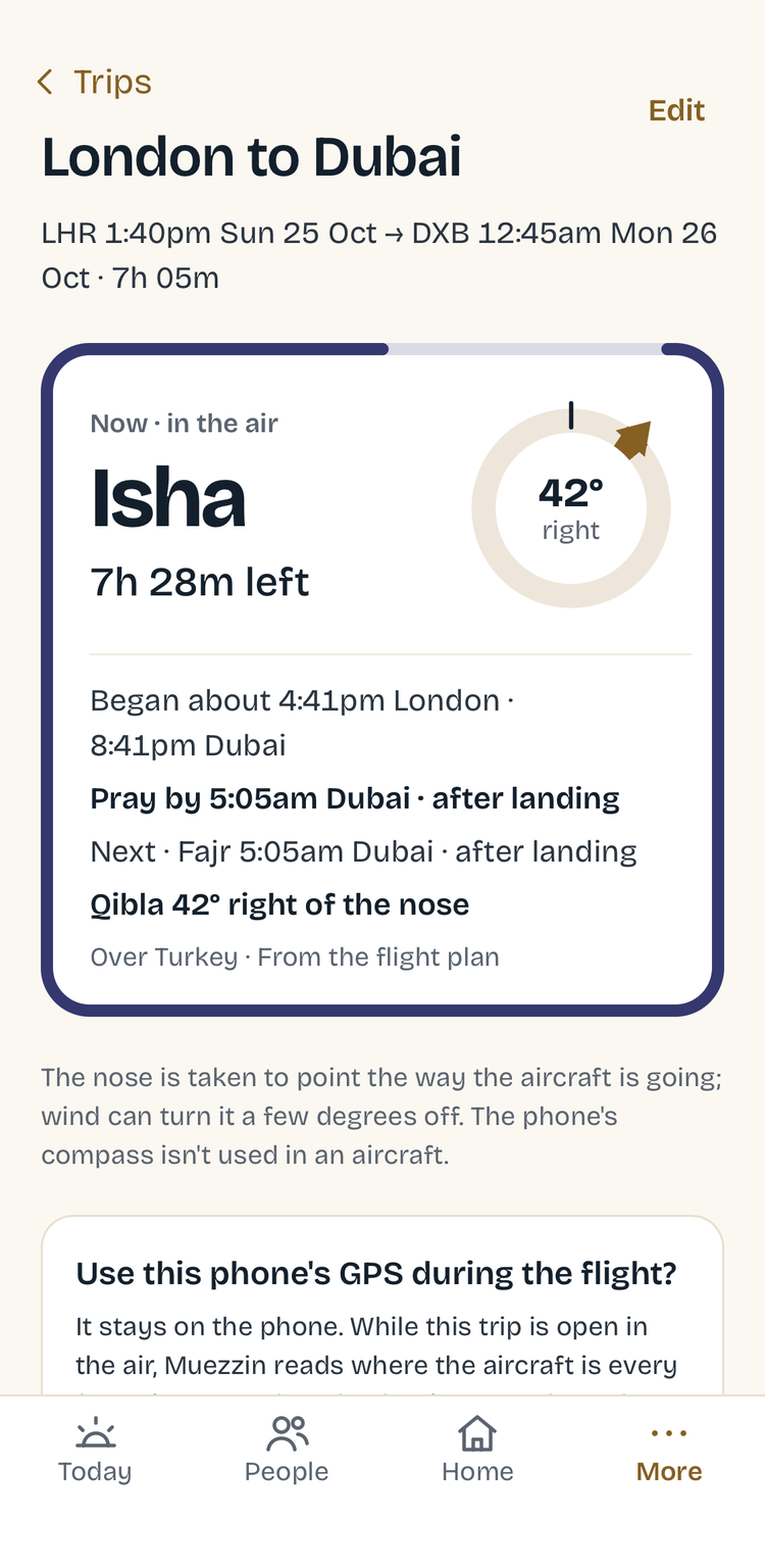 The Muezzin app in the air on a London to Dubai flight: Isha now, 7 hours 28 minutes left, begun about 4:41pm London, 8:41pm Dubai, qibla 42° right of the nose, over Turkey.